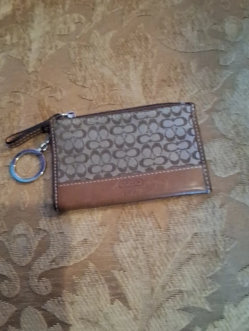 Coach Monogram Canvas Card Case with Brown Leather Trim and Key Ring